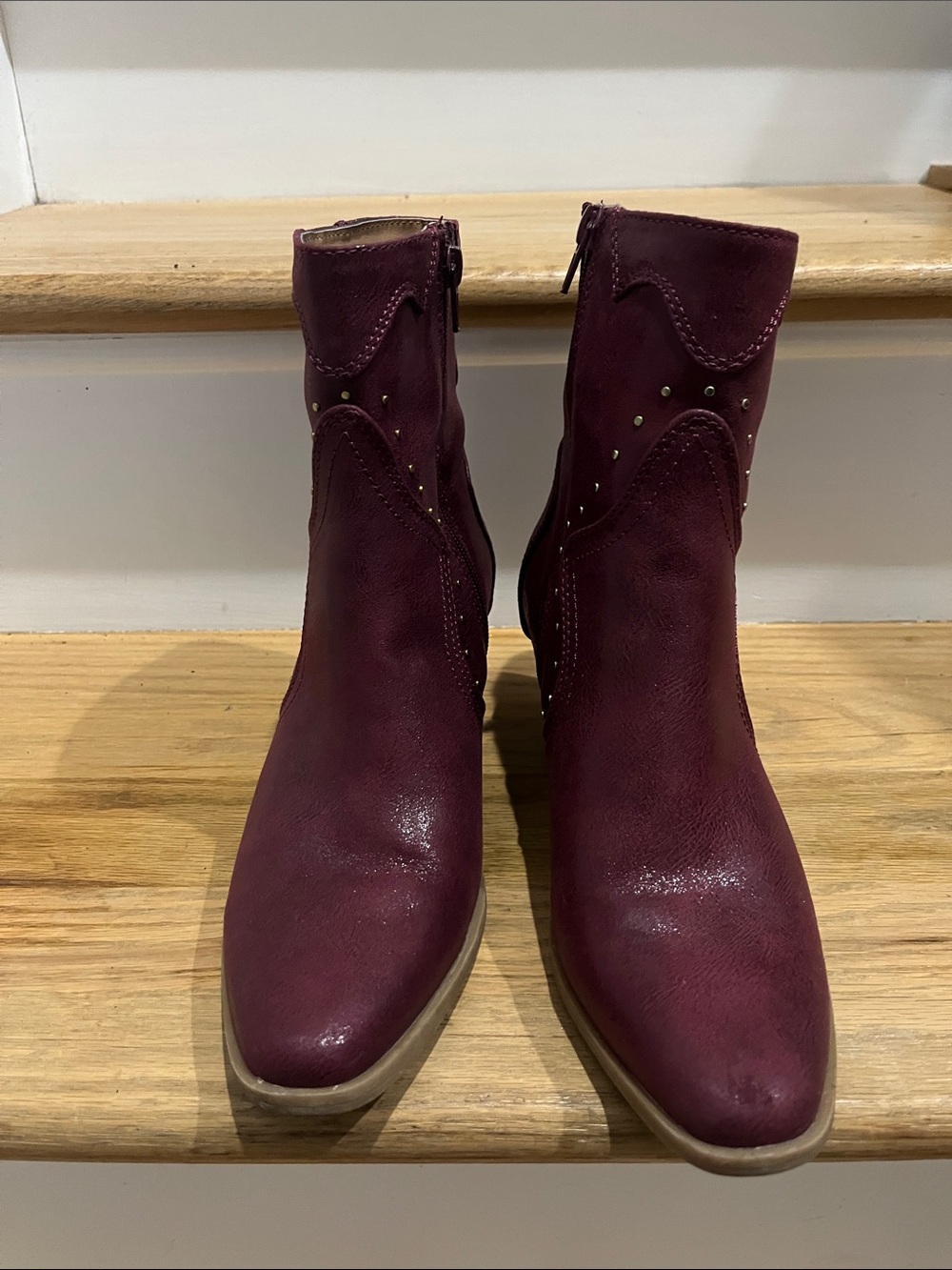 Wonderly Wine-Red Studded Ankle Booties